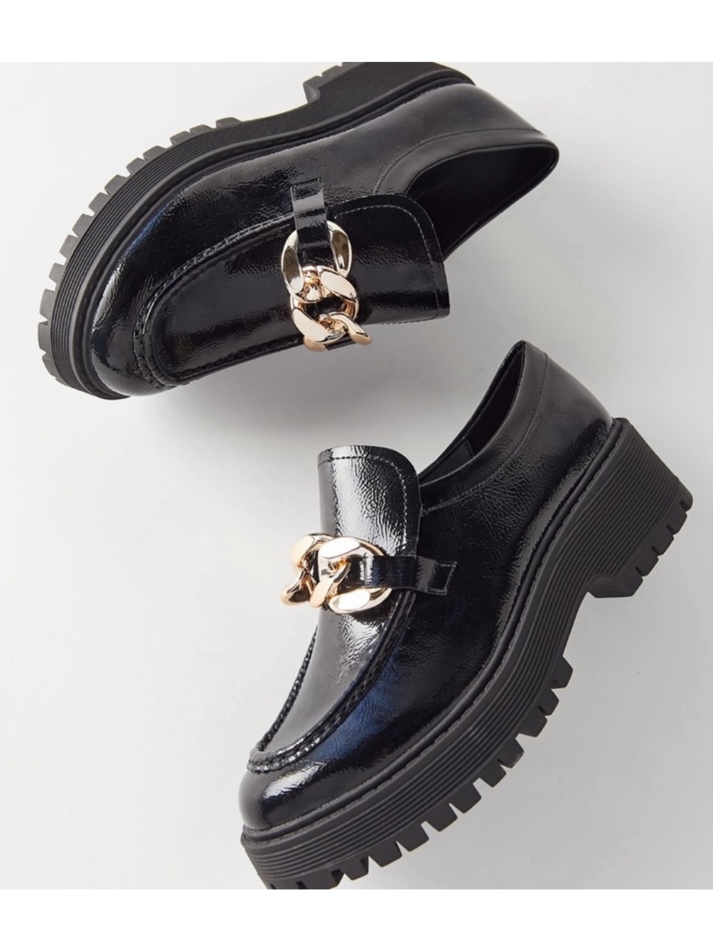 Steve Madden Malvern Chunky Platform Loafers Lug Sole Black Size 8.5 Gold Chain